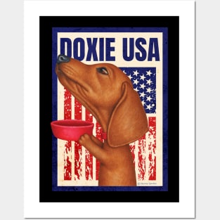 Doxie red white and blue patriot Dachshund with Red Bowl USA Posters and Art